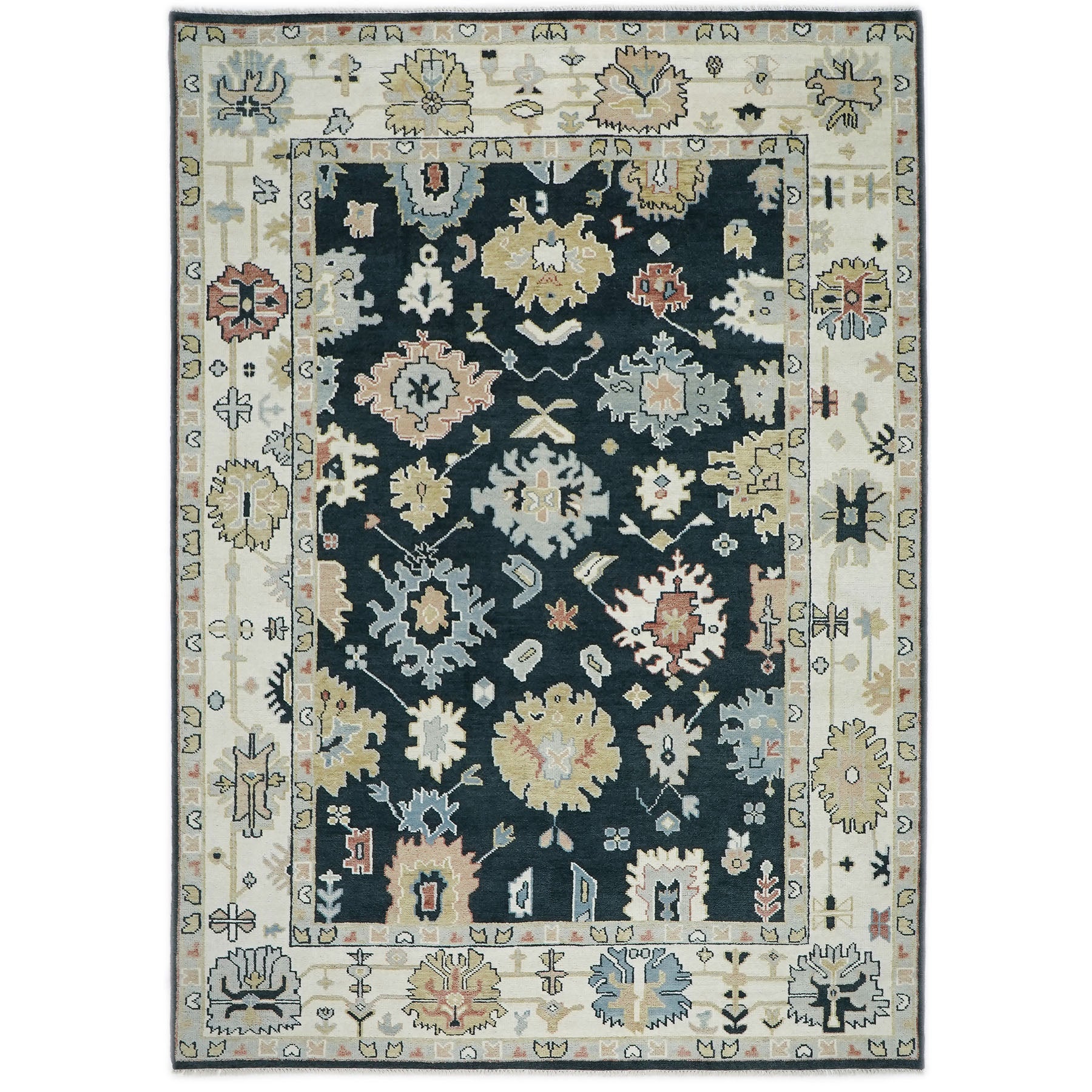 10x14 Dark Blue, Ivory, Green Color Hand Knotted Oushak Wool Arts and Crafts Oriental Rug