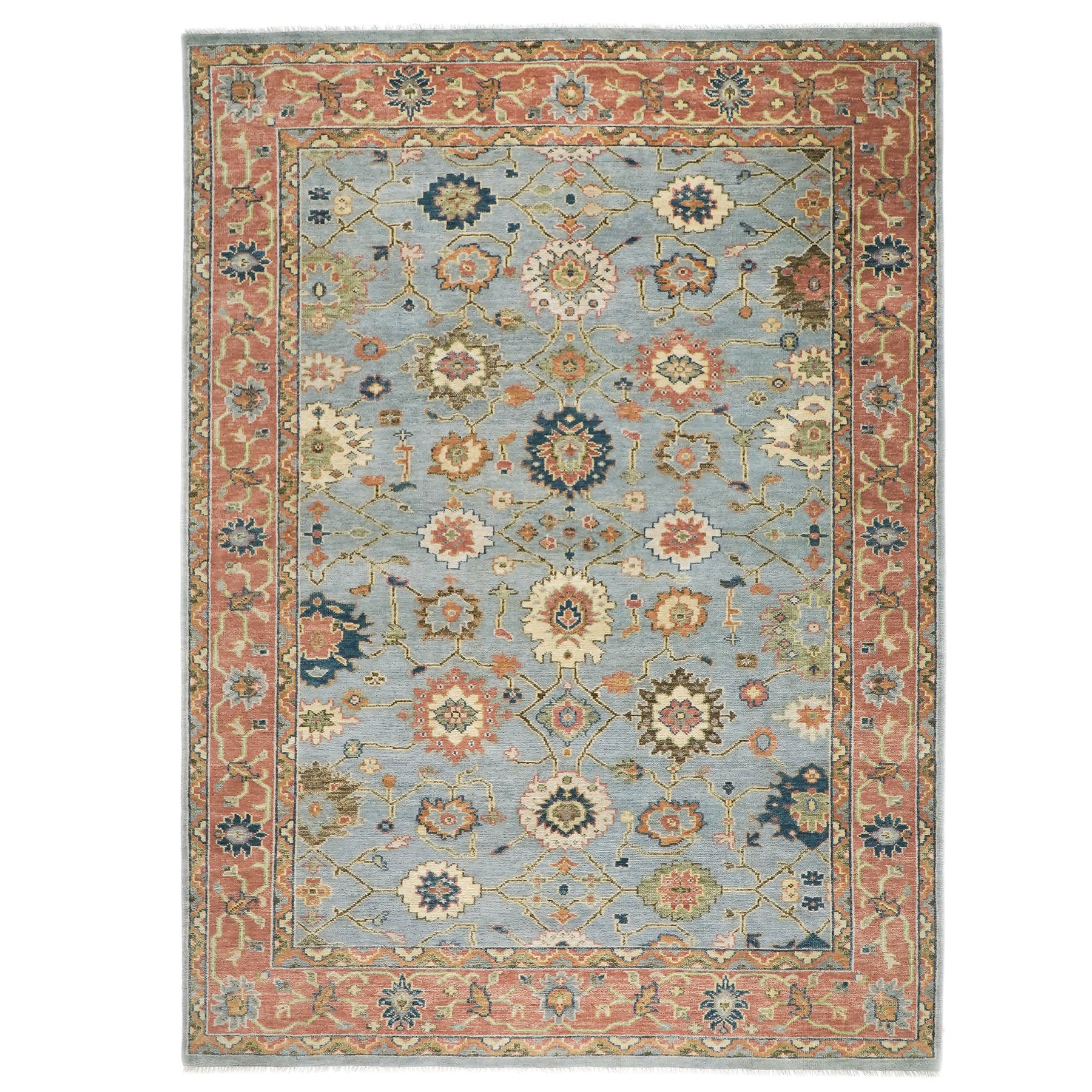 10x14 Blue, Rose, Ivory Color Hand Knotted Oushak Wool Arts and Crafts Oriental Rug