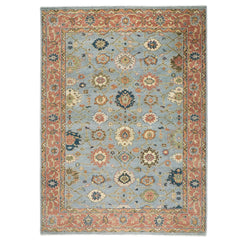 10x14 Blue, Rose, Ivory Color Hand Knotted Oushak Wool Arts and Crafts Oriental Rug