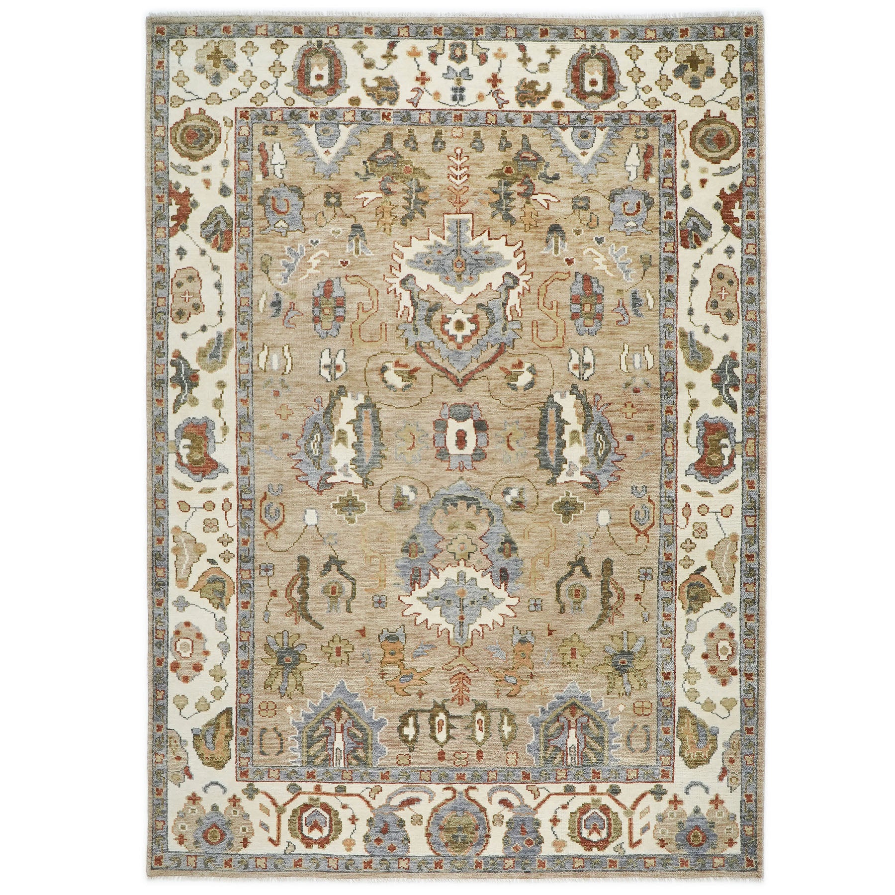 10x14 Tan, Ivory, Slate Color Hand Knotted Oushak Wool Arts and Crafts Oriental Rug
