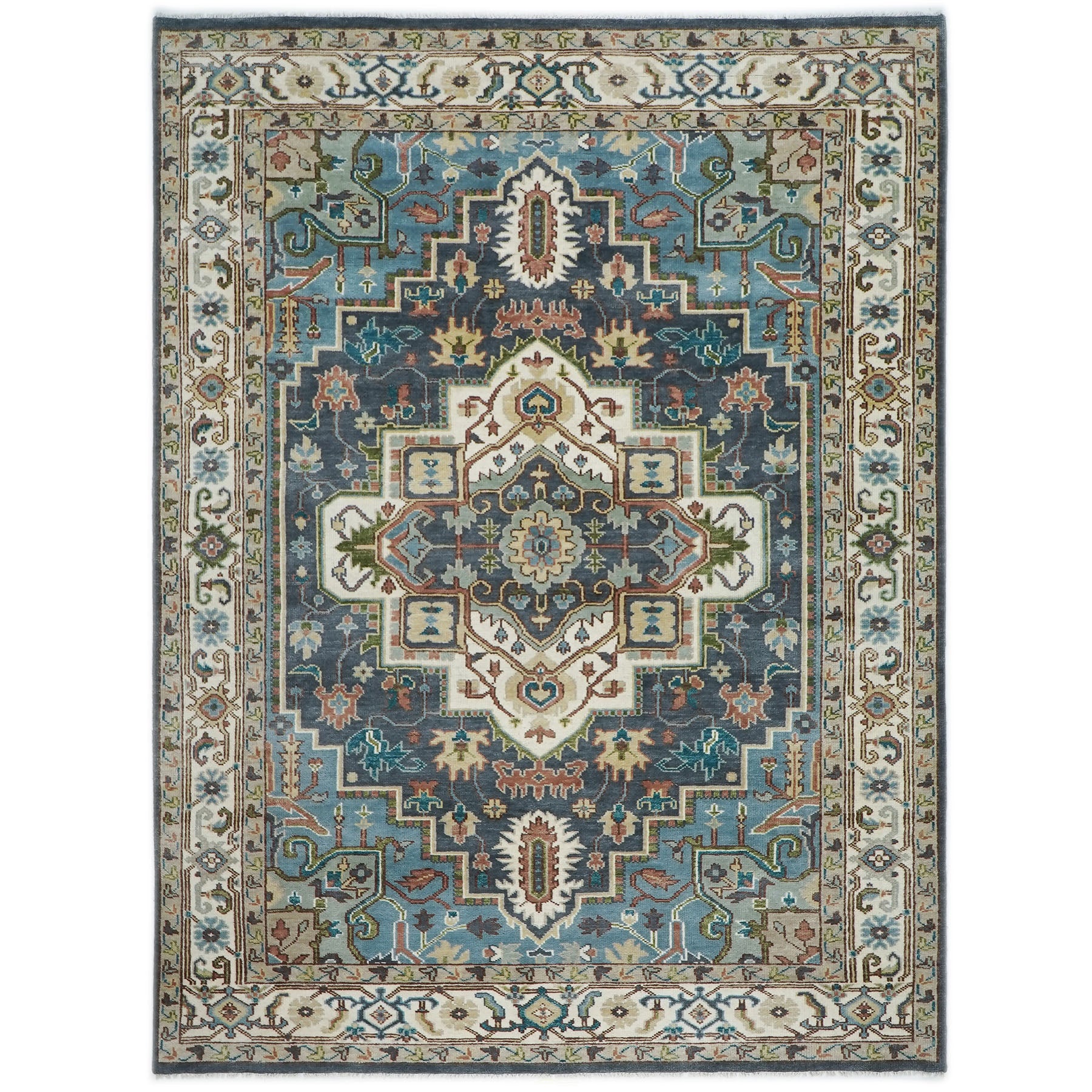 10x14 Blue, Ivory, Green Color Hand Knotted Oushak Wool Oriental Rug