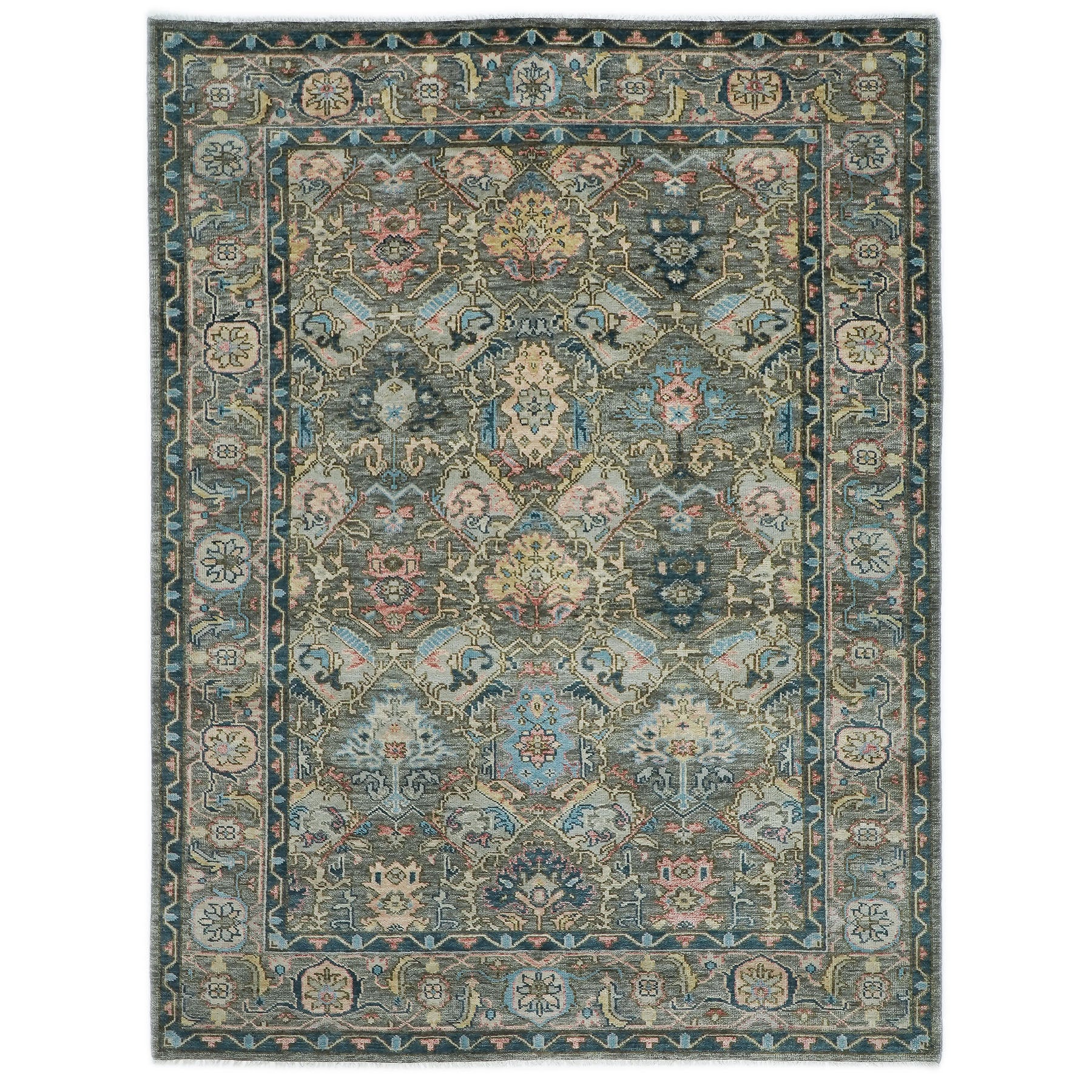 10x14 Gray, Blue, Beige Color Hand Knotted Oushak Wool Arts and Crafts Oriental Rug