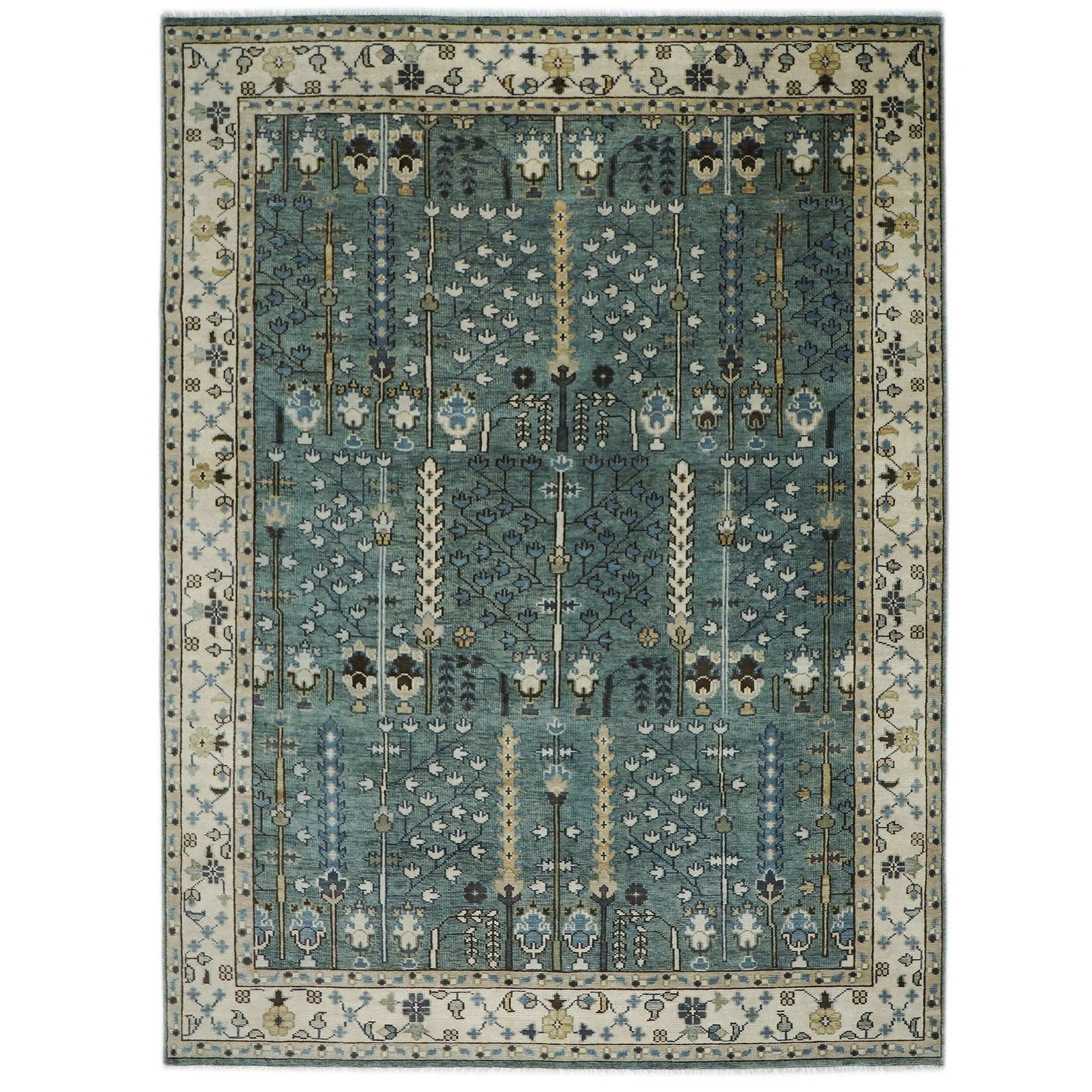 10x14 Seledon, Beige, Brown Color Hand Knotted Oushak Wool Transitional Oriental Rug