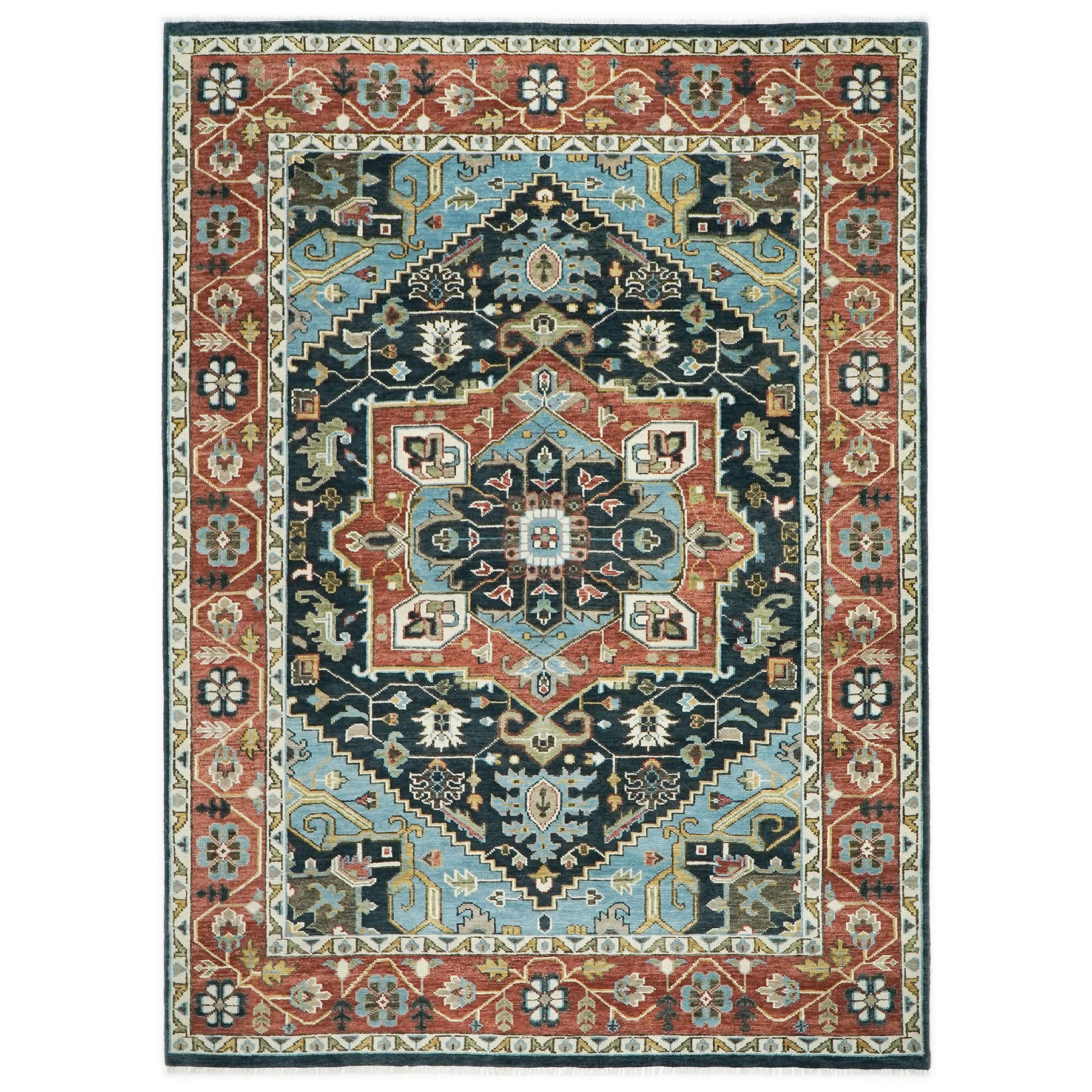 10x14 Blue, Burnt Orange, Aqua Color Hand Knotted Oushak Wool Oriental Rug