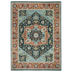 10x14 Blue, Burnt Orange, Aqua Color Hand Knotted Oushak Wool Oriental Rug