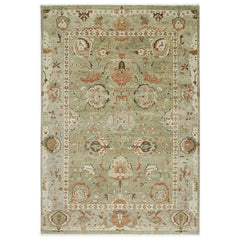 10x14 Green, Peach, Gray Color Hand Knotted Oushak Wool Arts and Crafts Oriental Rug