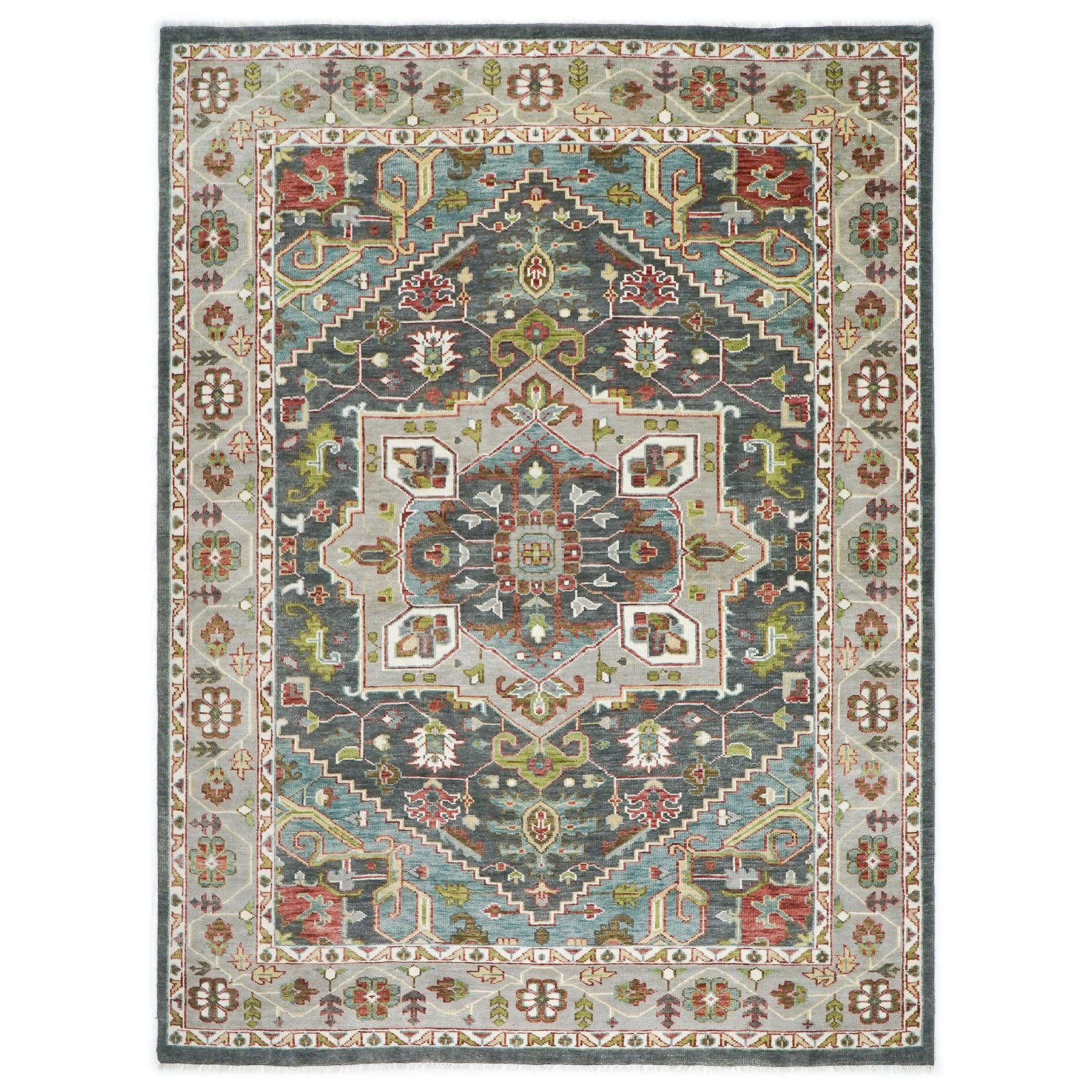10x14 Slate, Ivory, Lime Color Hand Knotted Oushak Wool Oriental Rug