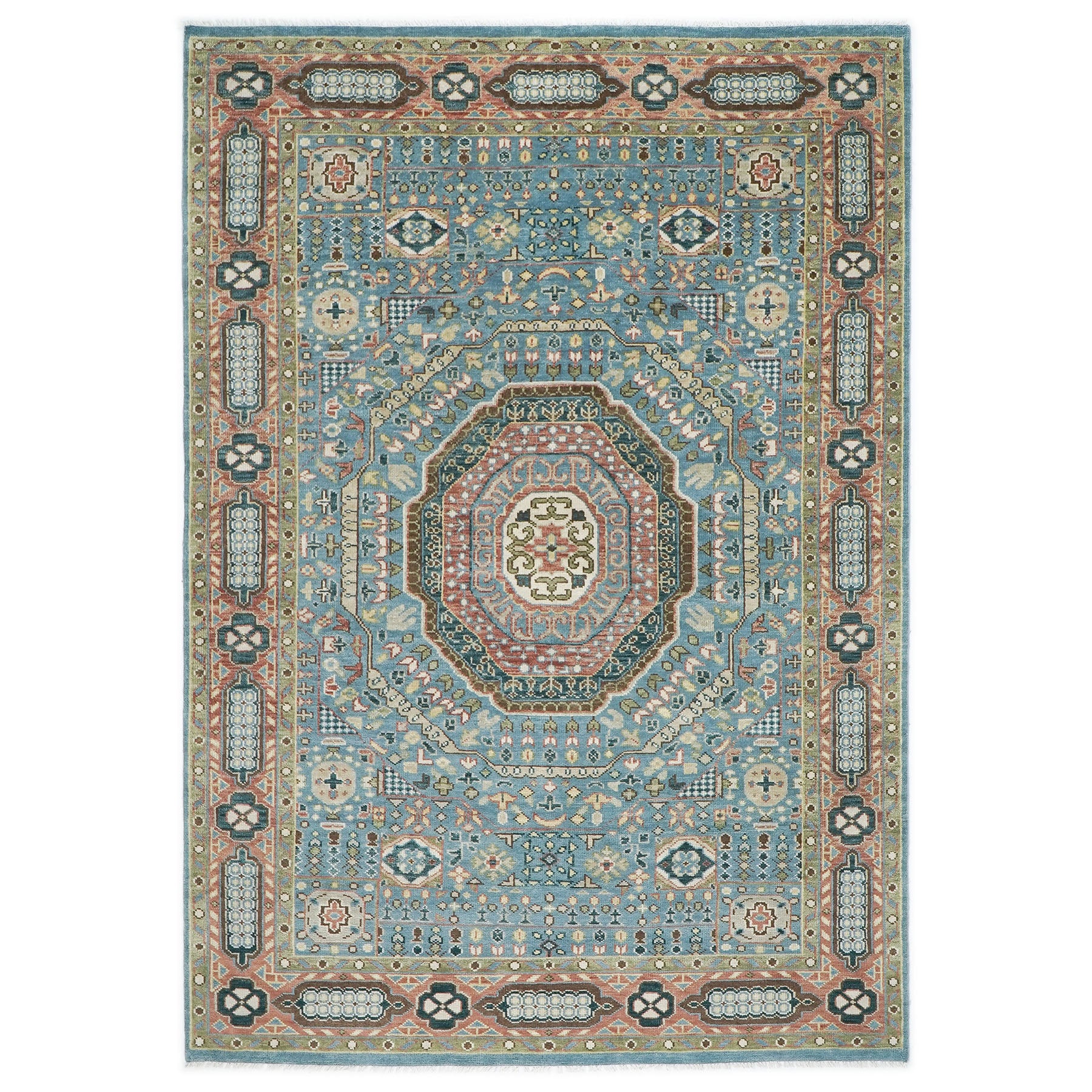 10x14 Blue, Rust, Green Color Hand Knotted Oushak Wool Traditional Oriental Rug