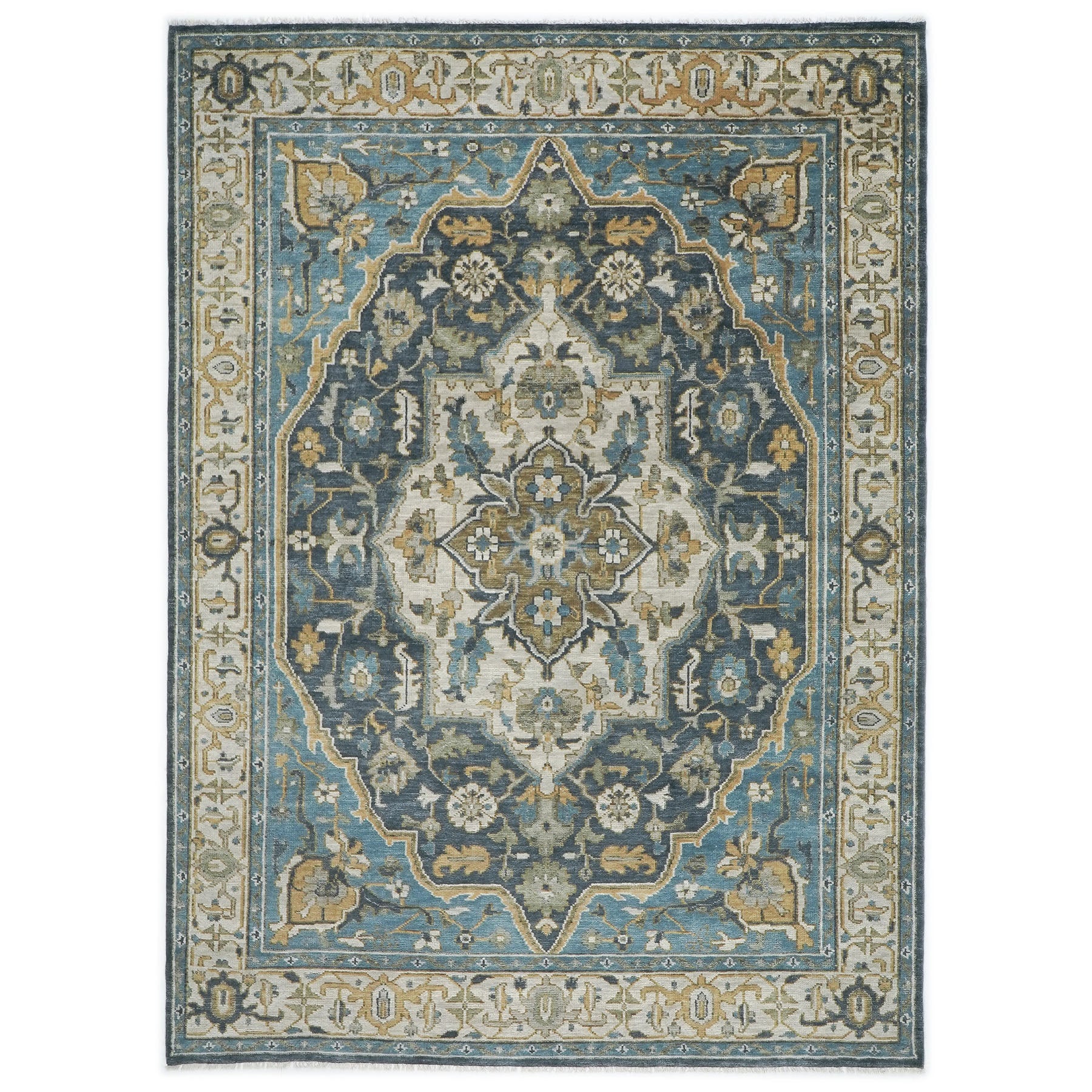 10x14 Blue, Beige, Gold Color Hand Knotted Oushak Wool Oriental Rug