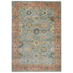 10x14 Blue, Rose, Lime Color Hand Knotted Oushak Wool Arts and Crafts Oriental Rug
