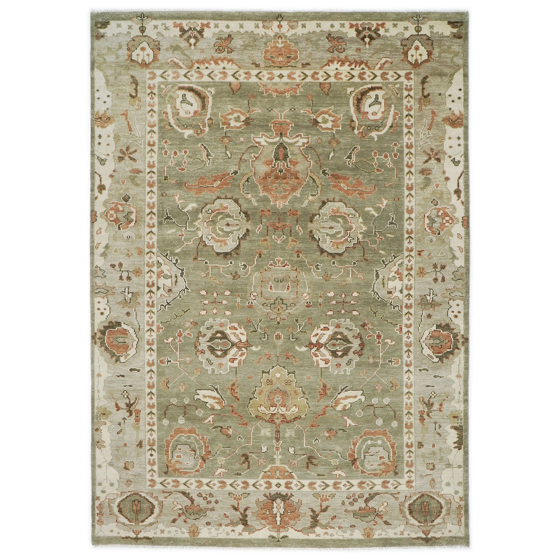 10x14 Green, Beige, peach Color Hand Knotted Oushak Wool Arts and Crafts Oriental Rug