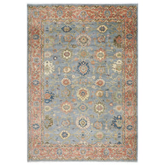 10x14 Blue, Rose, peach Color Hand Knotted Oushak Wool Arts and Crafts Oriental Rug