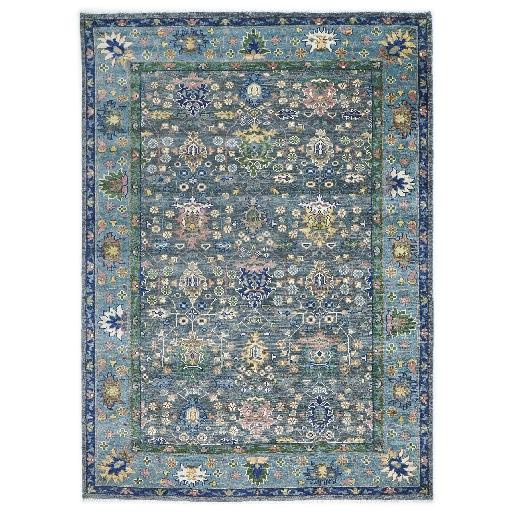 10x14 Blue, Navy, Green Color Hand Knotted Oushak Wool Arts and Crafts Oriental Rug