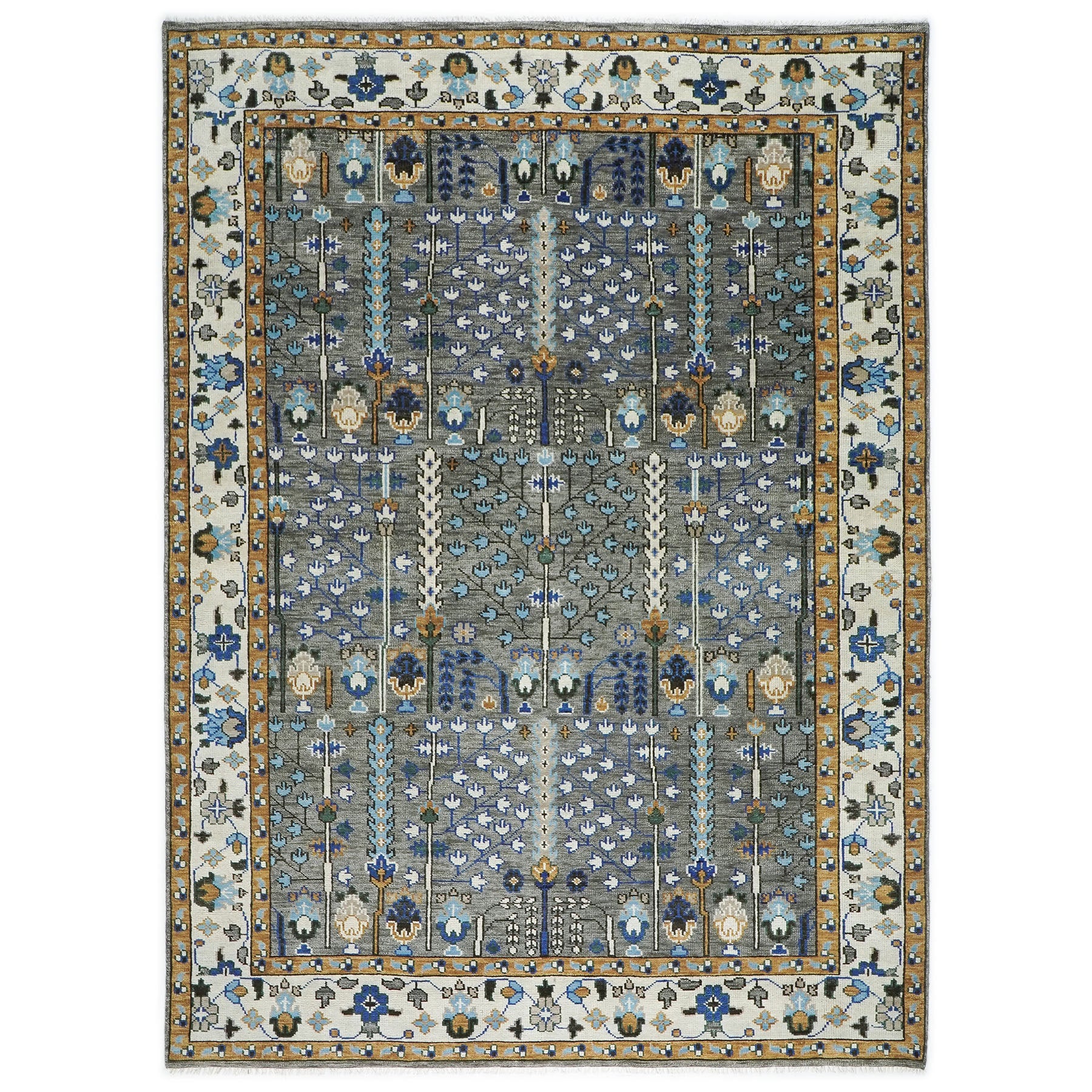 10x14 Gray, Ivory, Gold Color Hand Knotted Oushak Wool Transitional Oriental Rug