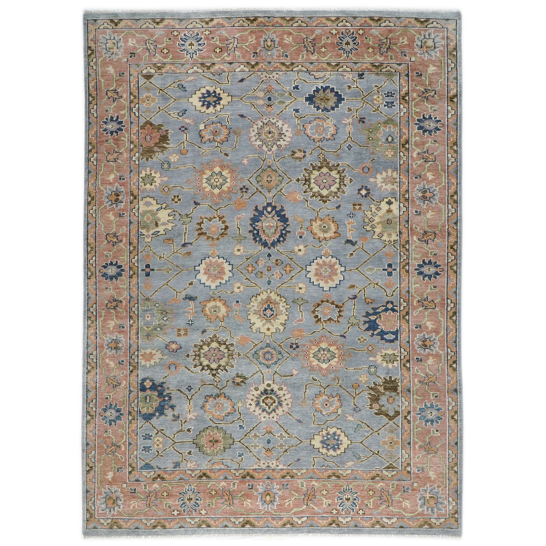 10x14 Blue, Peach, Lime Color Hand Knotted Oushak Wool Arts and Crafts Oriental Rug