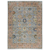 10x14 Blue, Peach, Lime Color Hand Knotted Oushak Wool Arts and Crafts Oriental Rug