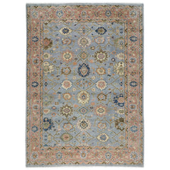 10x14 Blue, Peach, Lime Color Hand Knotted Oushak Wool Arts and Crafts Oriental Rug