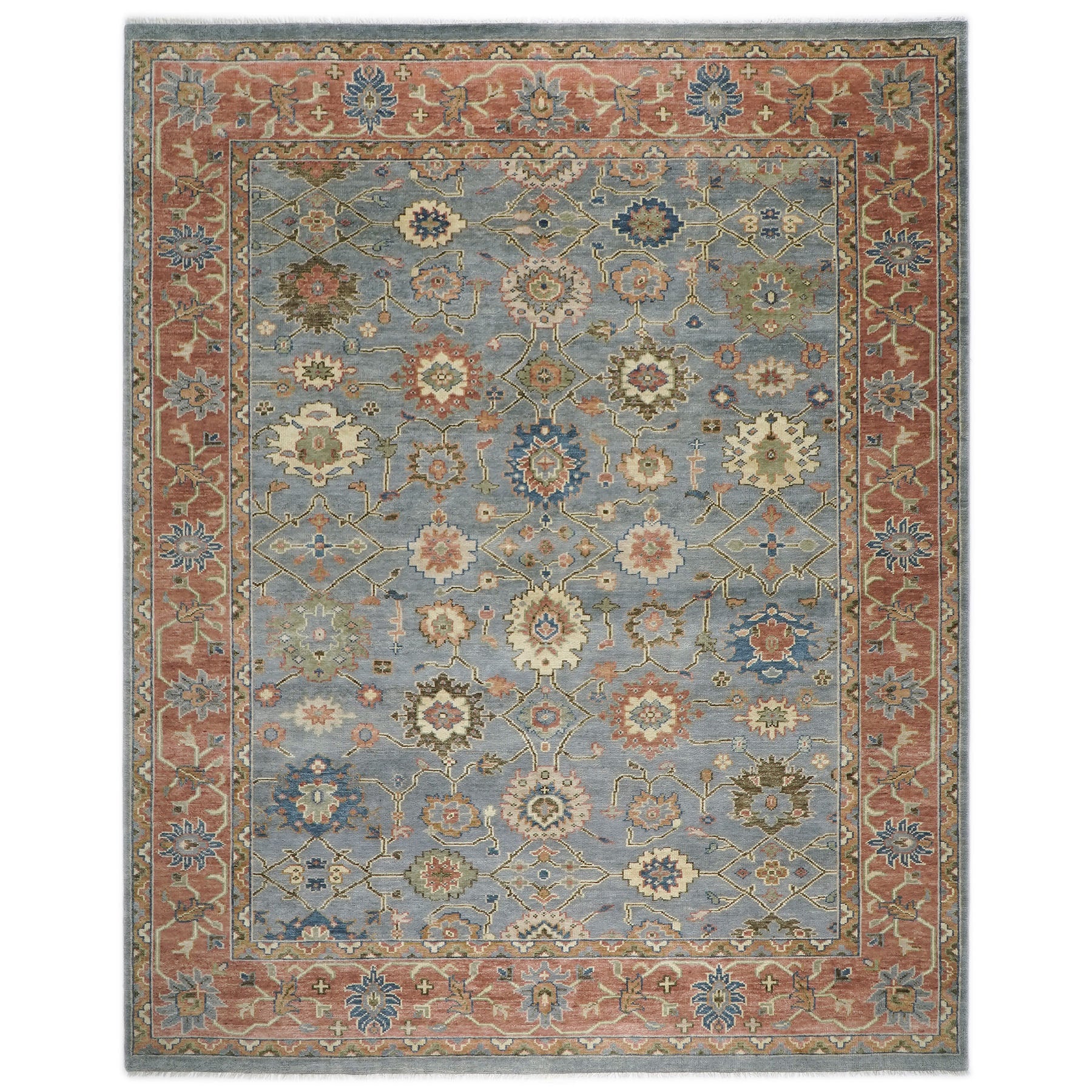 12x15 Blue, Burnt Orange, Ivory Color Hand Knotted Oushak Wool Arts and Crafts Oriental Rug