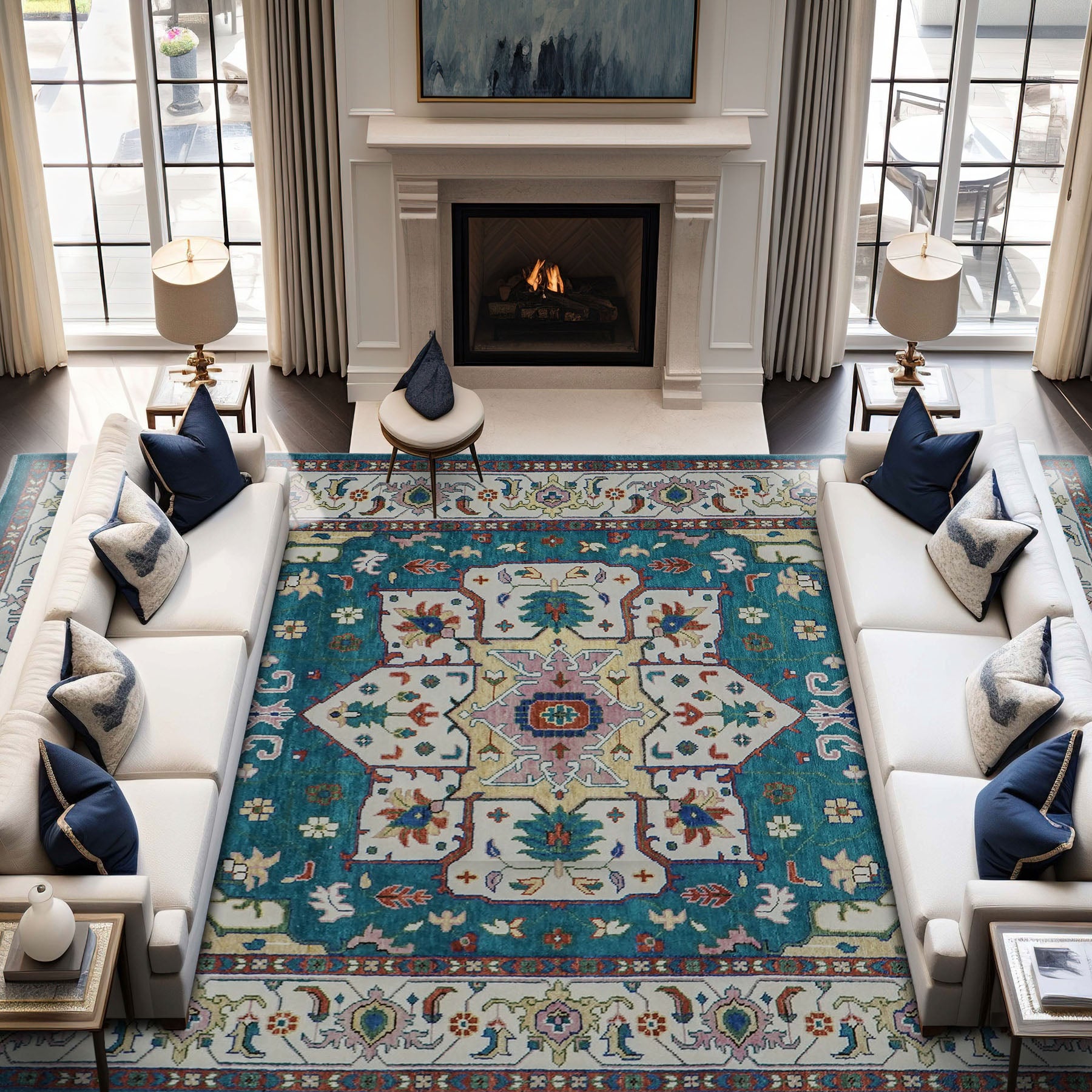 12x15 Teal, Ivory, Rust Color Hand Knotted Oushak Wool Oriental Rug