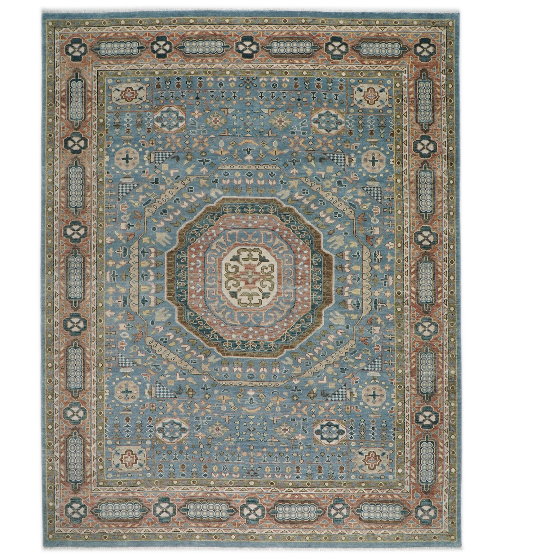 12x15 Blue, Rust, Green Color Hand Knotted Oushak Wool Traditional Oriental Rug