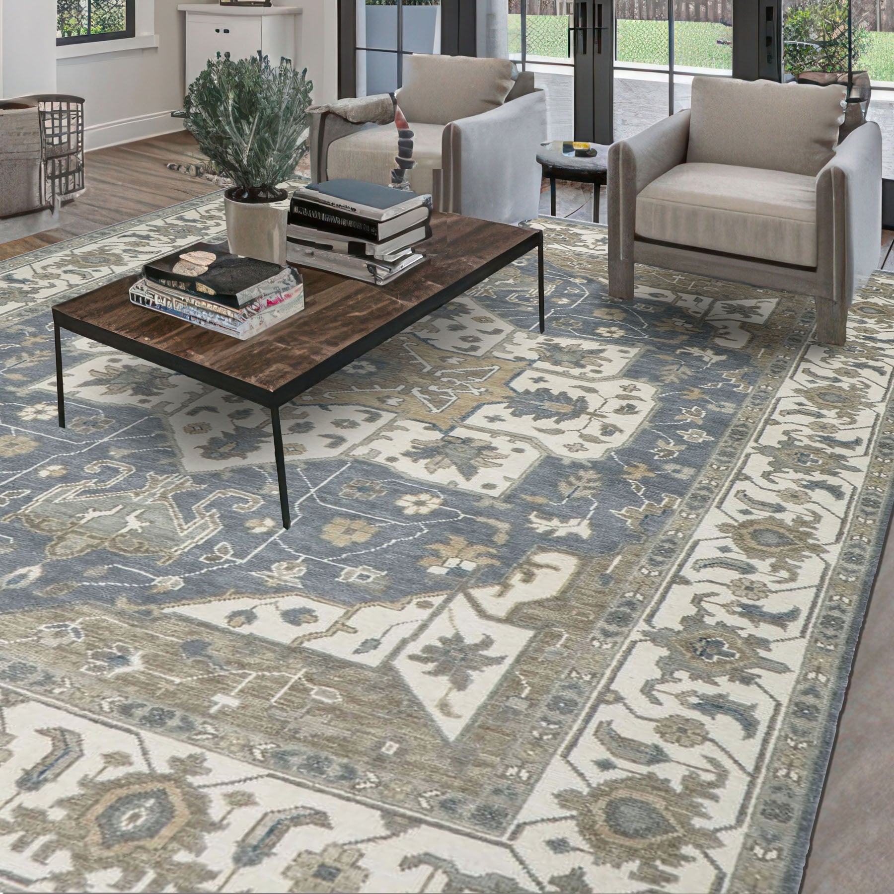 12x15 Slate, Ivory, Beige Color Hand Knotted Oushak Wool Oriental Rug
