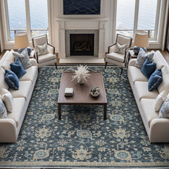 12x15 Blue, Beige, Moss Color Hand Knotted Oushak Wool Arts and Crafts Oriental Rug