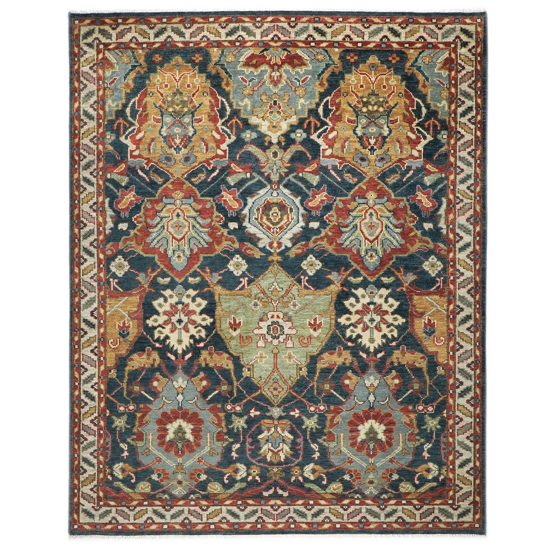 9x12 Teal, Gold, Burnt Orange Color Hand Knotted Oushak Wool Arts and Crafts Oriental Rug