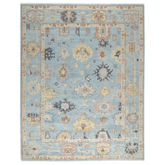 9x12 Blue, Beige, Light Gold Color Hand Knotted Oushak Wool Arts and Crafts Oriental Rug