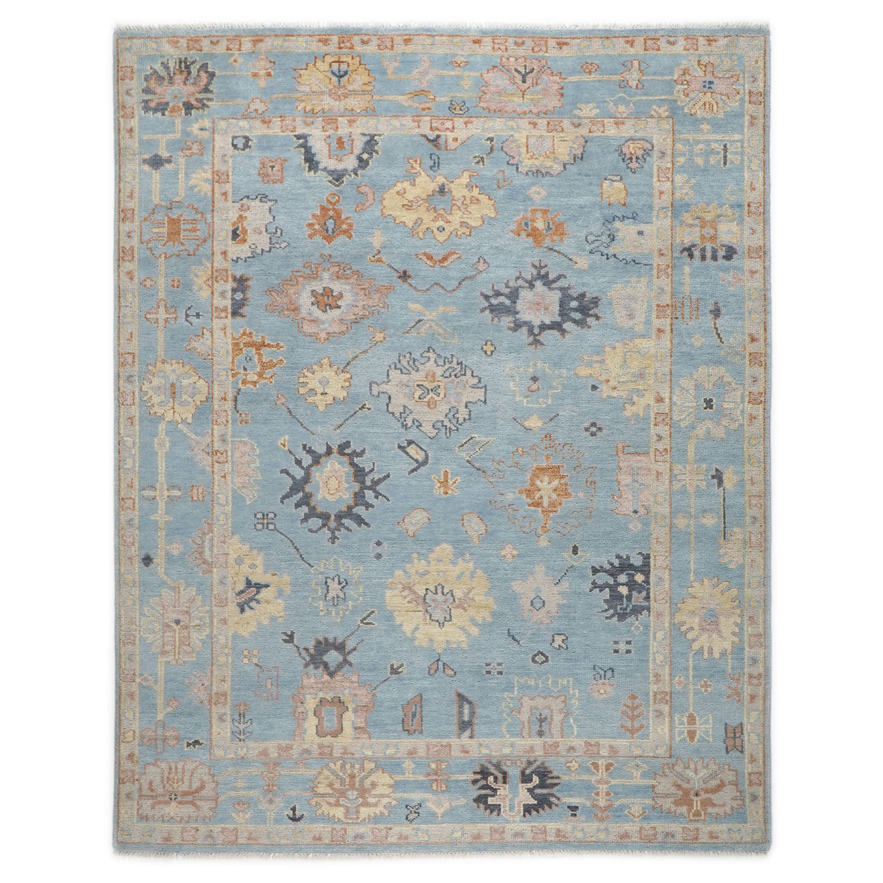 9x12 Blue, Light Gold, Rose Color Hand Knotted Oushak Wool Arts and Crafts Oriental Rug