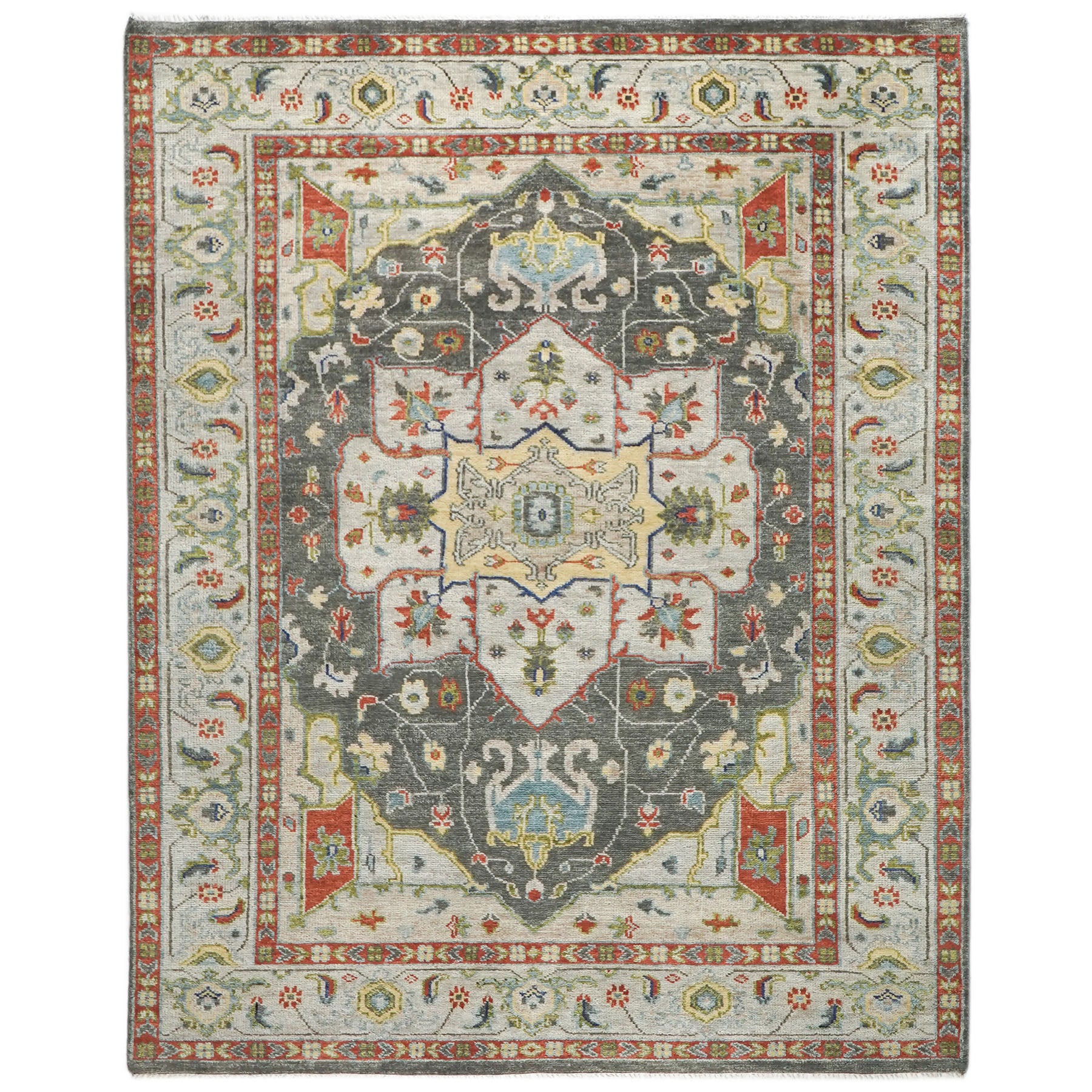 9x12 Gray, Burnt Orange, Lime Color Hand Knotted Oushak Wool Oriental Rug