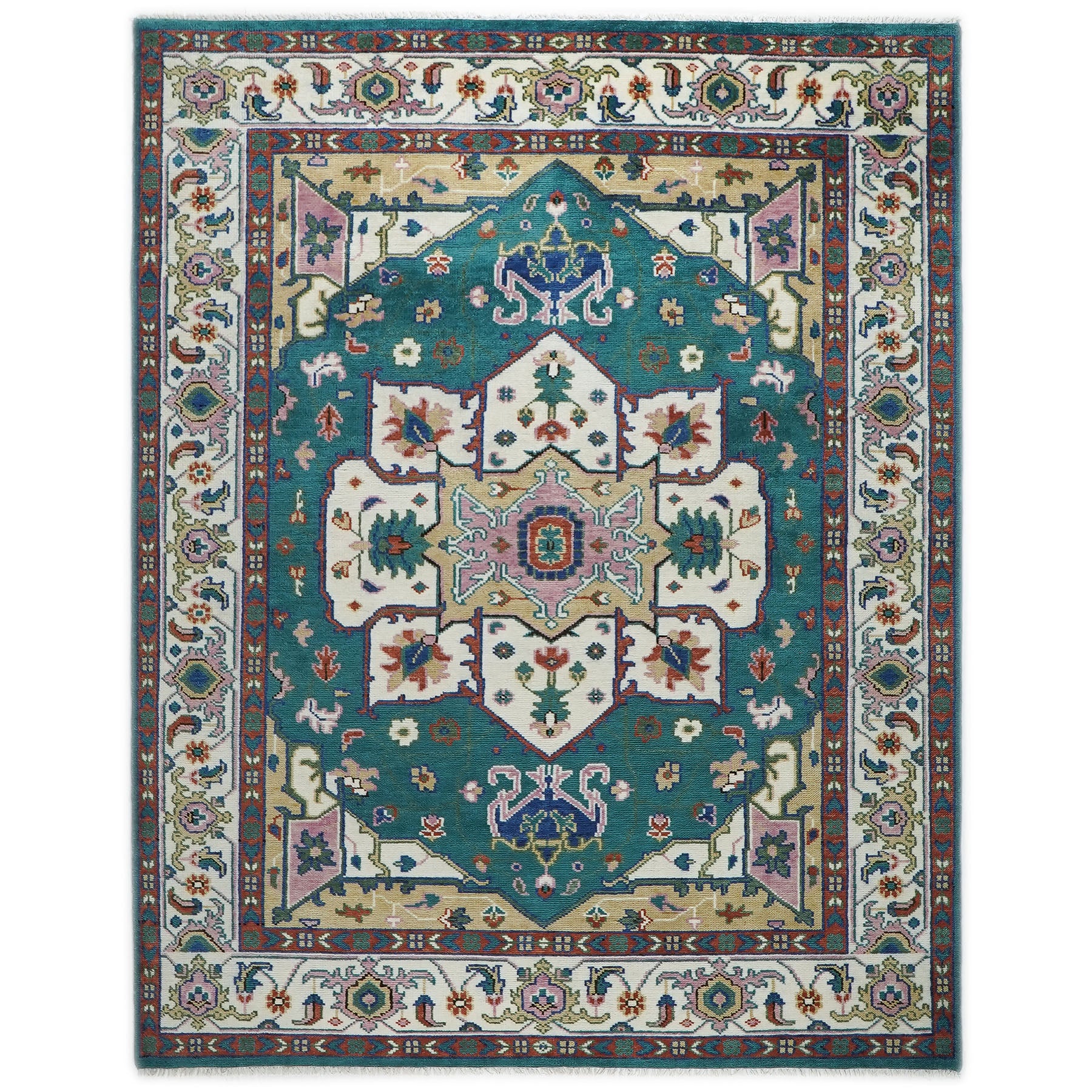 9x12 Teal, Ivory, Green Color Hand Knotted Oushak Wool Oriental Rug