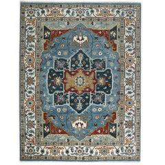 9x12 Blue, Ivory, Mint Color Hand Knotted Oushak Wool Oriental Rug