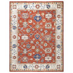 9x12 Burnt Orange, Ivory, Navy Color Hand Knotted Oushak Wool Arts and Crafts Oriental Rug
