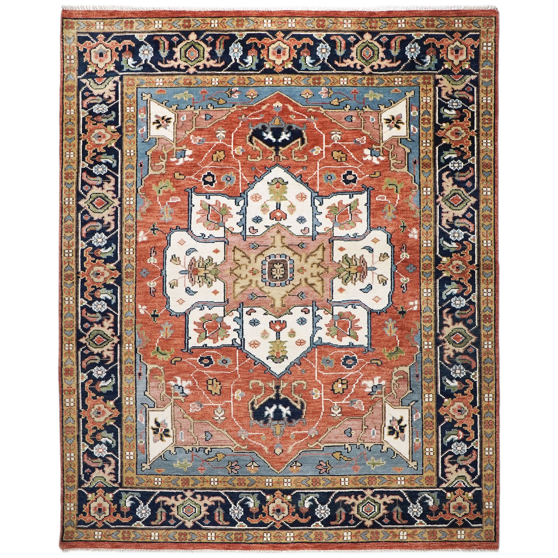 9x12 Burnt Orange, Ivory, Navy Color Hand Knotted Oushak Wool Oriental Rug