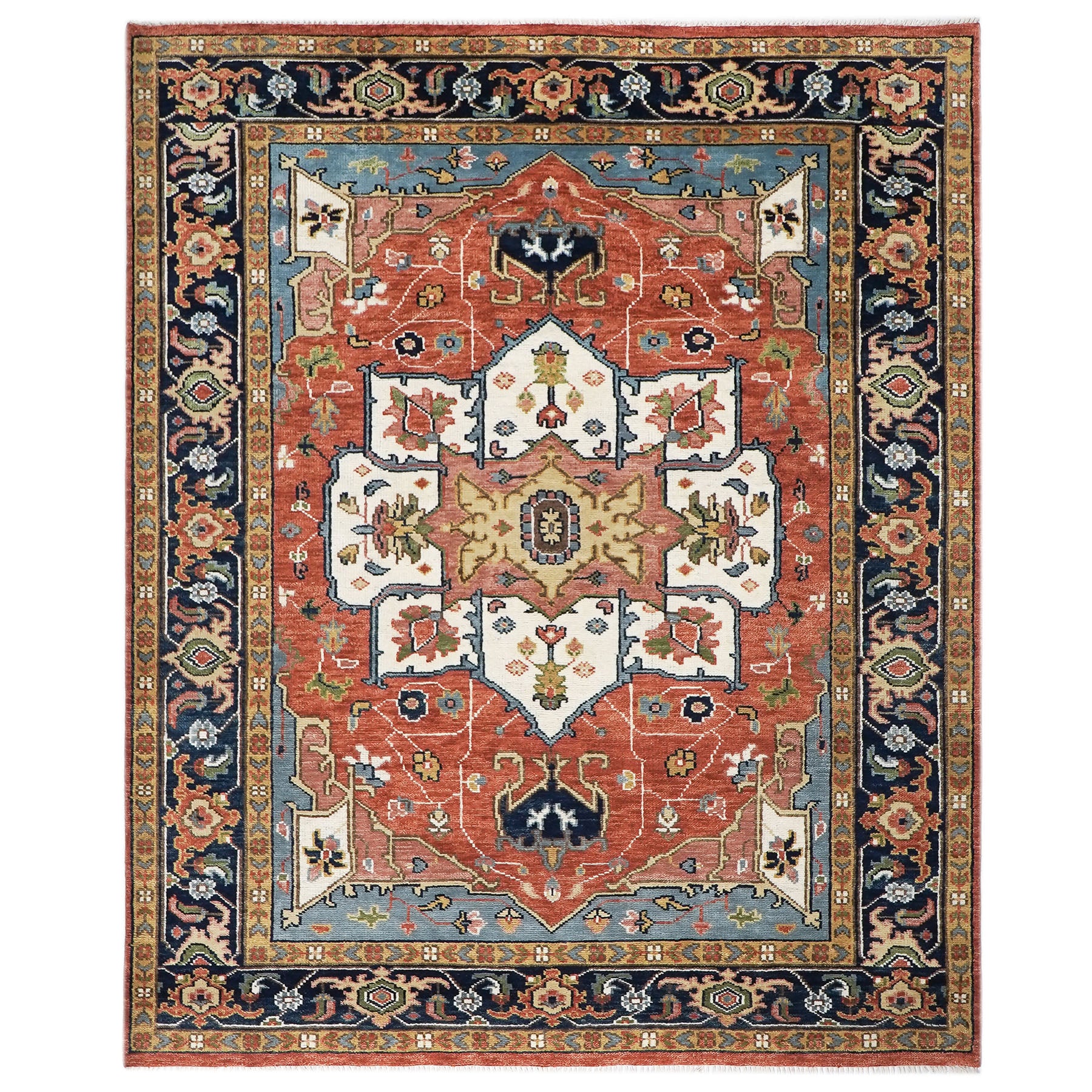 9x12 Burnt Orange, Ivory, Navy Color Hand Knotted Oushak Wool Oriental Rug