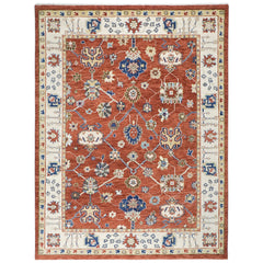 9x12 Burnt Orange, Ivory, Navy Color Hand Knotted Oushak Wool Transitional Oriental Rug