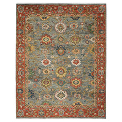 9x12 Blue, Gray, Burnt Orange Color Hand Knotted Oushak Wool Arts and Crafts Oriental Rug