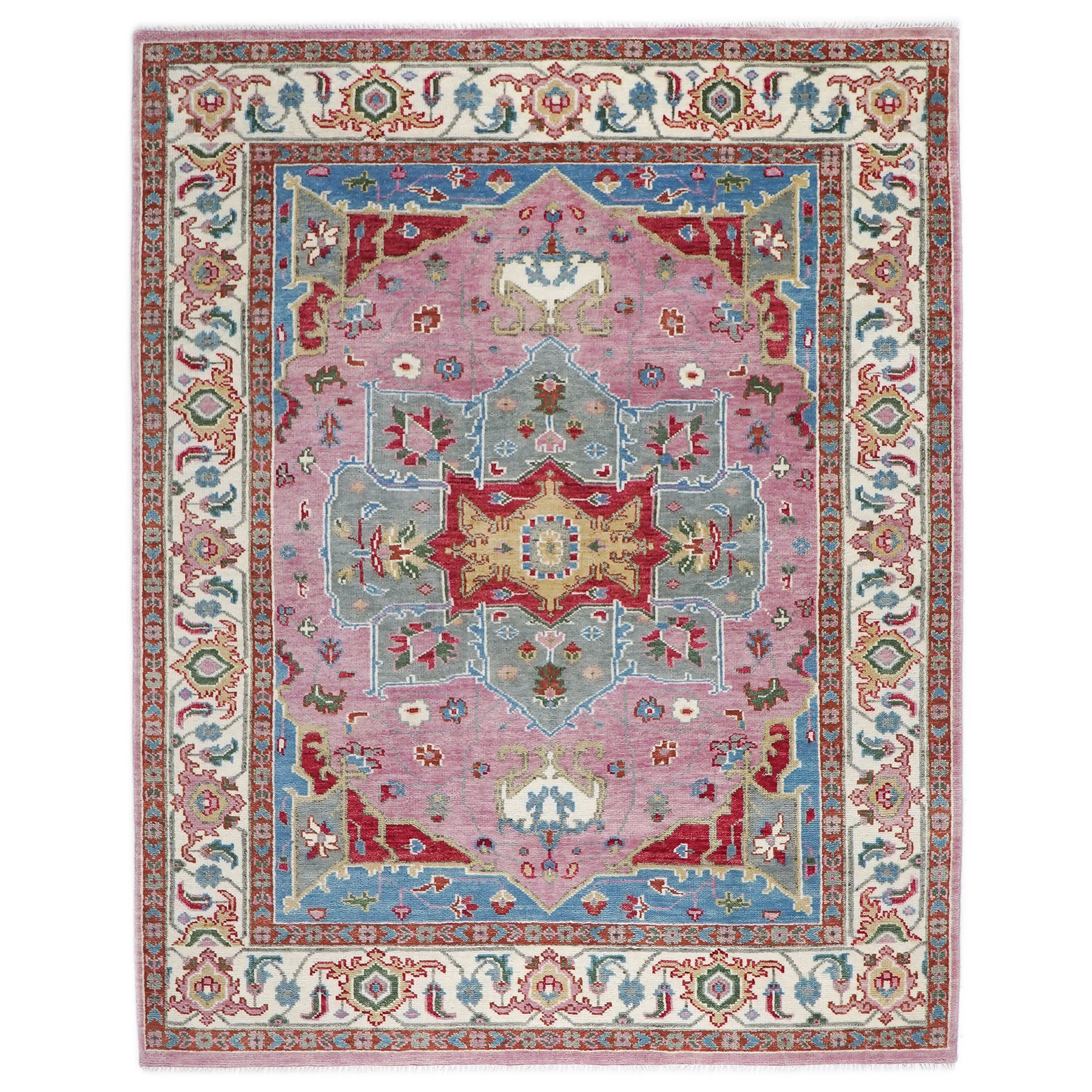 9x12 Pink, Celadon, Blue Color Hand Knotted Oushak Wool Oriental Rug
