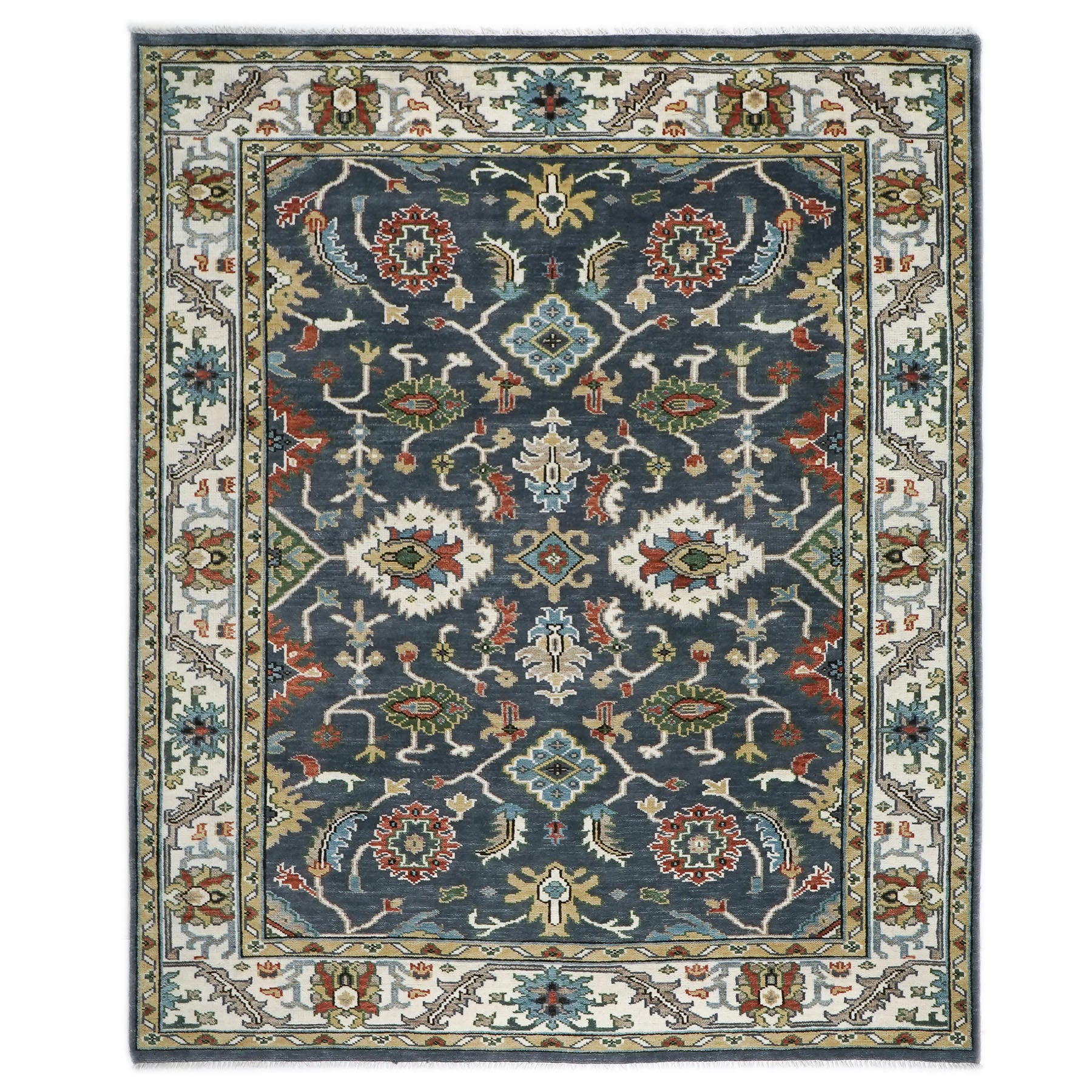 9x12 Blue, Ivory, Green Color Hand Knotted Oushak Wool Arts and Crafts Oriental Rug