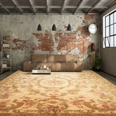 Palace Tan, Gold, Green Color Hand Knotted French Aubusson Savonnerie New Zealand Wool & Silk Traditional Oriental Rug