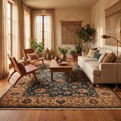 Palace Teal, Beige, Gold Color Hand Knotted Agra New Zealand Wool Traditional Oriental Rug