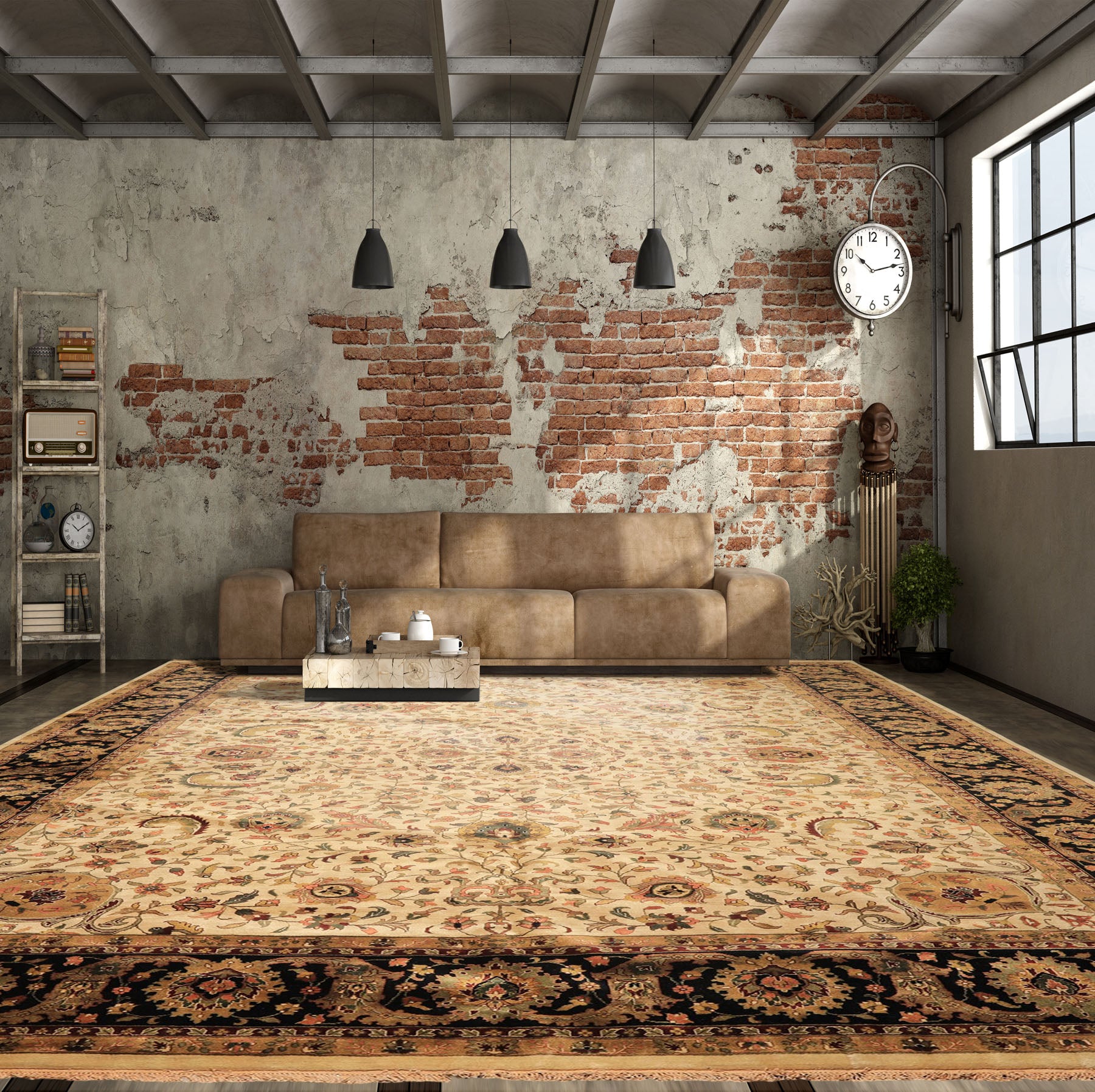 Palace Beige, Black, Maroon Color Hand Knotted Agra New Zealand Wool Traditional Oriental Rug
