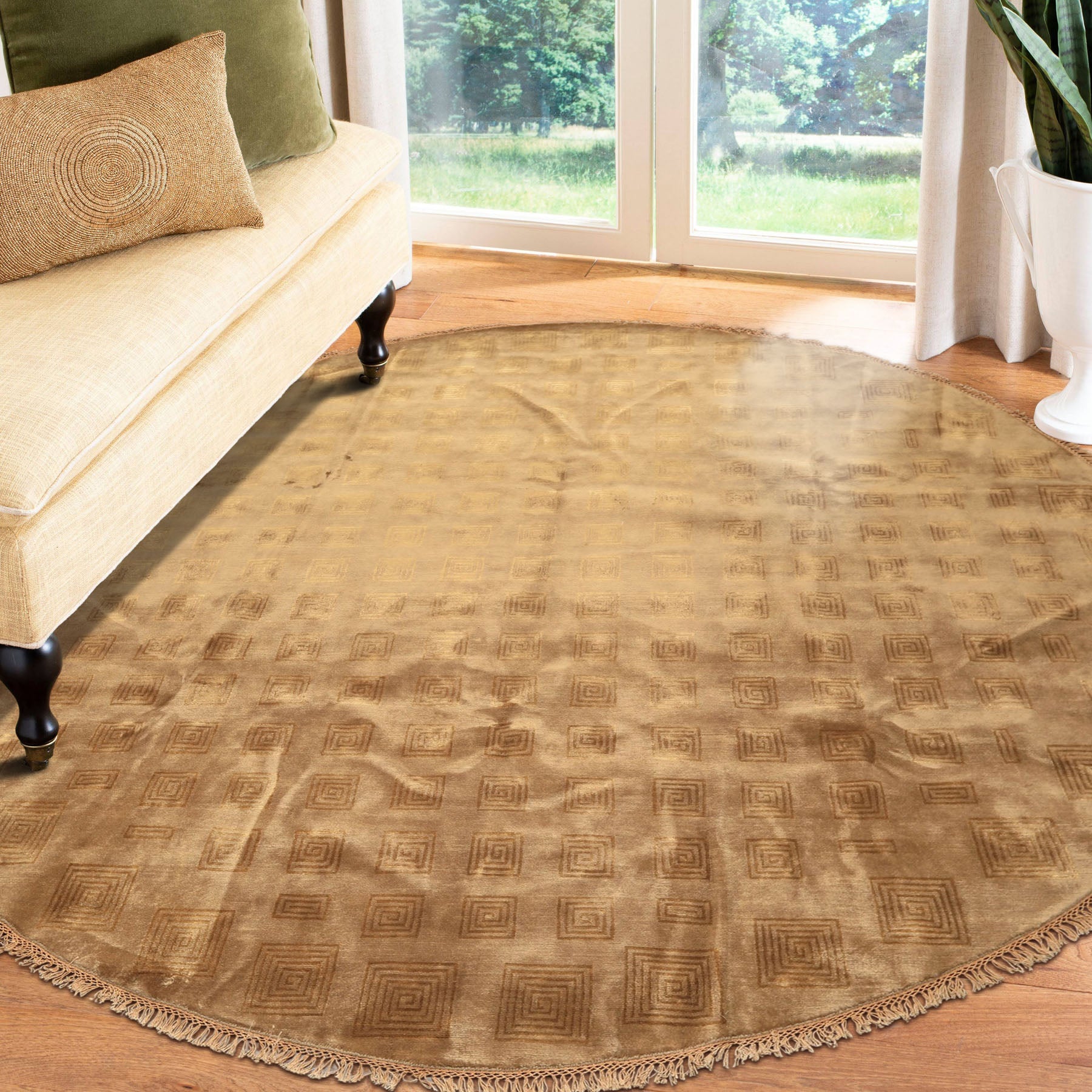 Round Tan, Gold, Color Hand Knotted Tibetan New Zealand Wool Transitional Oriental Rug