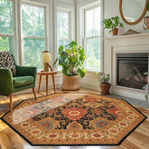 Octagon Black, Ivory, Gold Color Hand Knotted Soumak Wool Traditional Oriental Rug