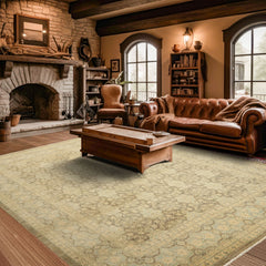 9x11 Brown, Aqua, Beige Color Hand Knotted Chobi Peshawar Wool Transitional Oriental Rug