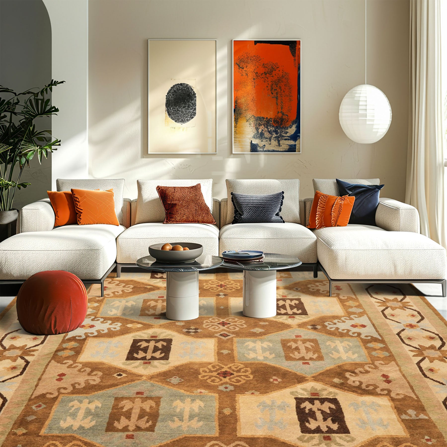 8x10 Beige, Gold, Sage Color Hand Knotted Tibetan Wool Modern & Contemporary Oriental Rug