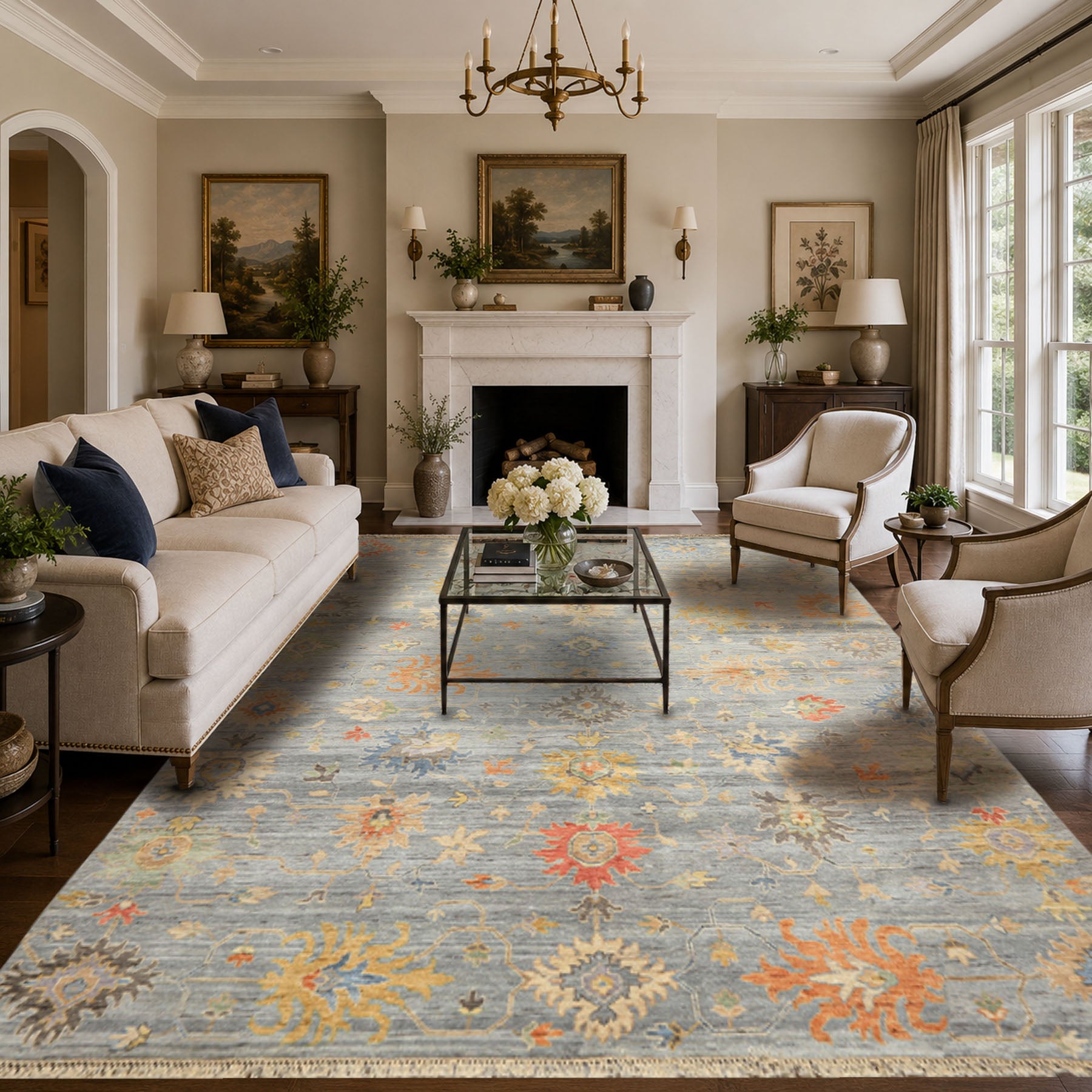 8x10 Blue, Coral, Orange Color Hand Knotted Oushak Wool Transitional Oriental Rug