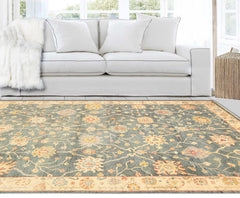 6x9 Teal, Green, Ivory Color Hand Knotted Oushak Wool Traditional Oriental Rug