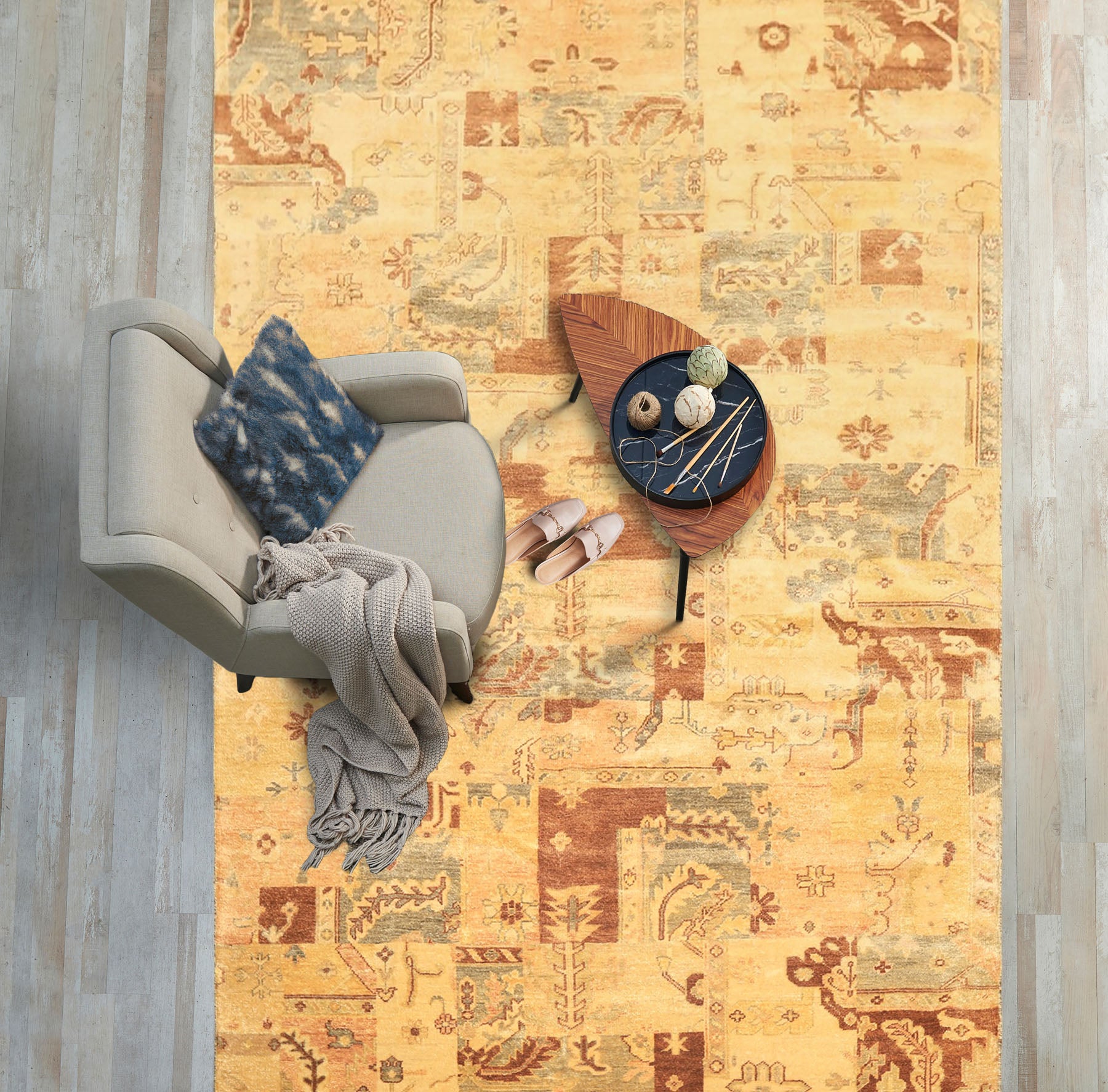 6x9 Beige, Gold, Brown Color Hand Knotted Oushak Wool Modern & Contemporary Oriental Rug