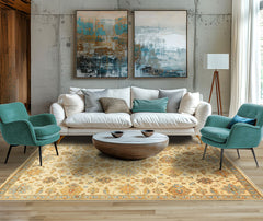 6x9 Beige, Aqua, Gold Color Hand Knotted Oushak Wool Traditional Oriental Rug